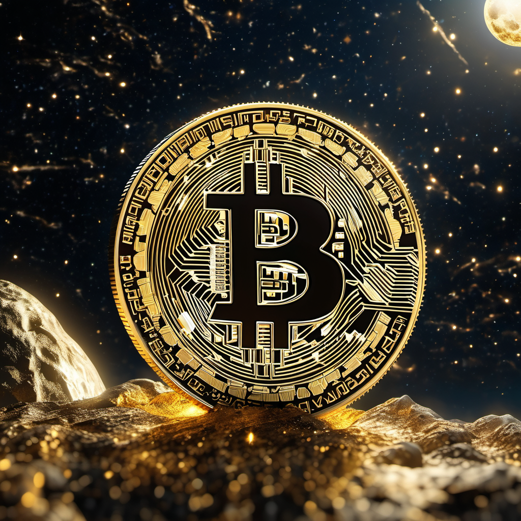 Golden Bitcoin floating in space with moon background