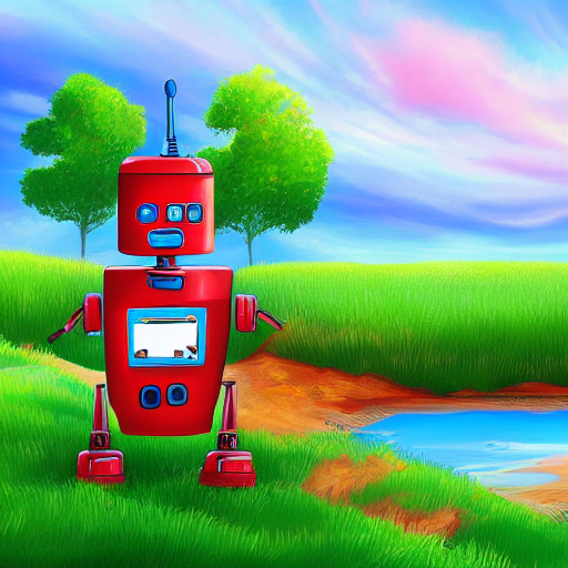Red robot painting a landscape, digital art